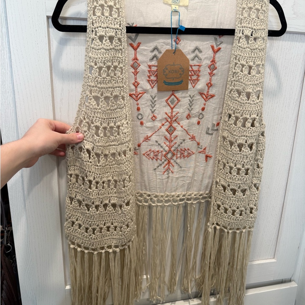 Kori Cream Crochet Vest with Orange Embroidery